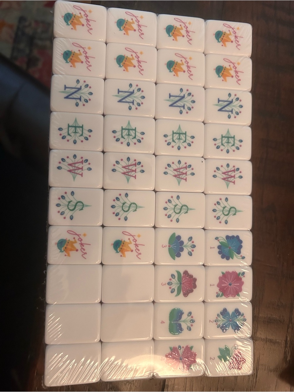 American Mahjong Tile Set - White Tiles with Multicolor Floral and Letter Icons